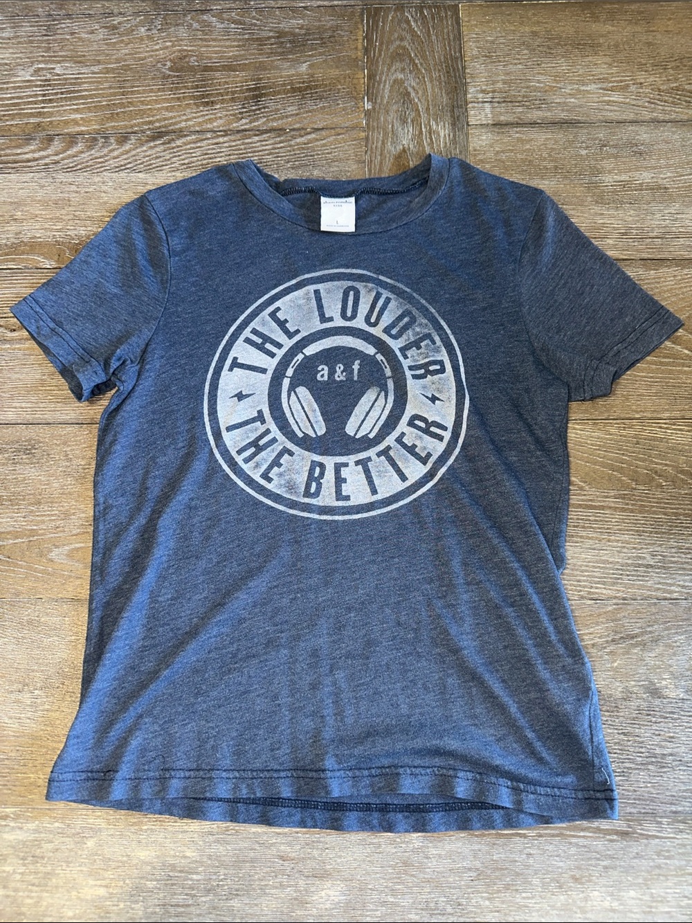 Abercrombie & Fitch Kids Heather Navy Graphic Tee with Headphone Emblem Large